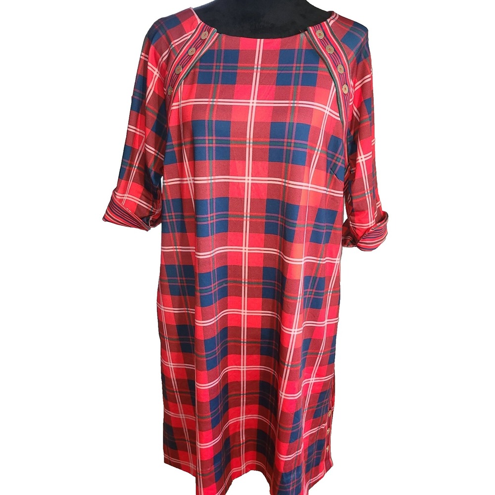 Gretchen Scott Plaid Shift Dress Gold Buttons 3/4 Sleeve Lg Red Blue White